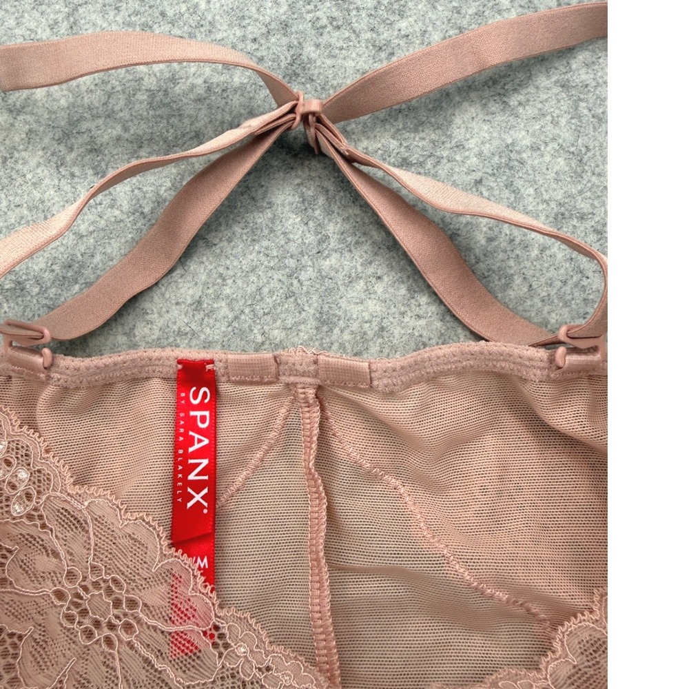 Spanx Lace Bodysuit Teddy M Nude Rose Pink Mesh Shapewear Lingerie Cross Straps - Picture 6 of 8